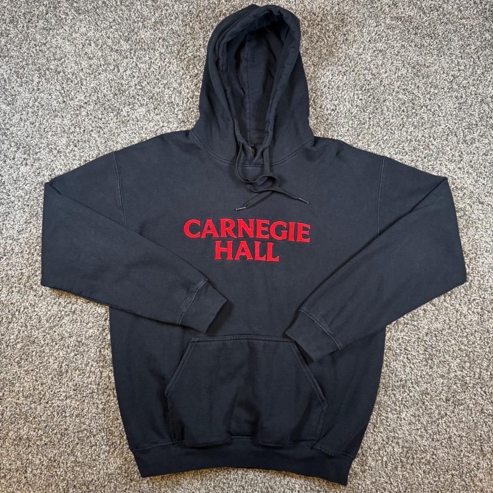 Gildan Carnegie Hall Hoodie Unisex Medium Black Red Embroidered NYC Souvenir